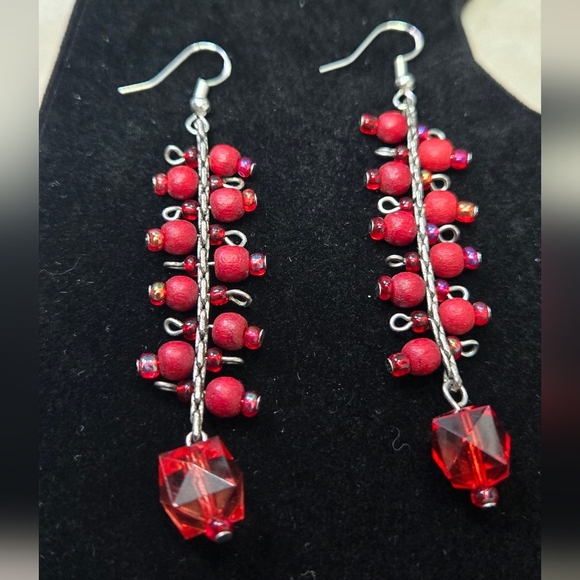 Sliver925 Hook Red Beaded Drop Earrings - Picture 6 of 15